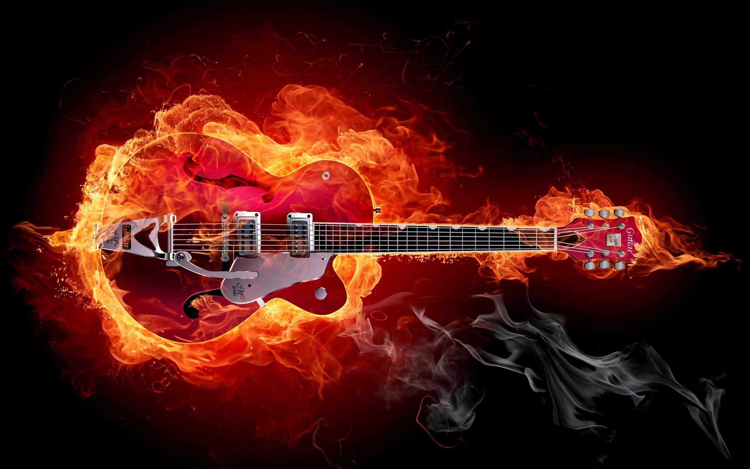 Gretsch, Chitarra in fiamme, Fuoco, Sfondo nero, 16:10 2K, wallpaper widescreen