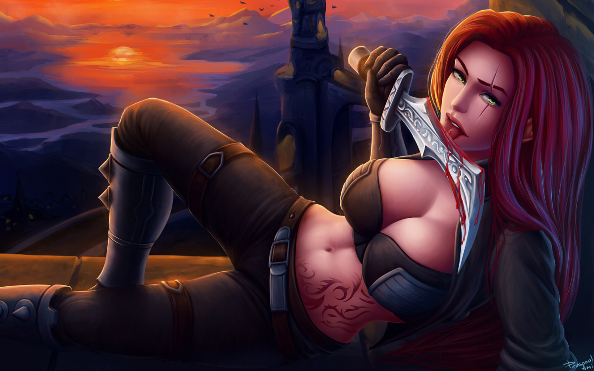 Katarina, League of Legends, Tramonto, Pugnale, 1920x1200, sfondo MacBook Pro