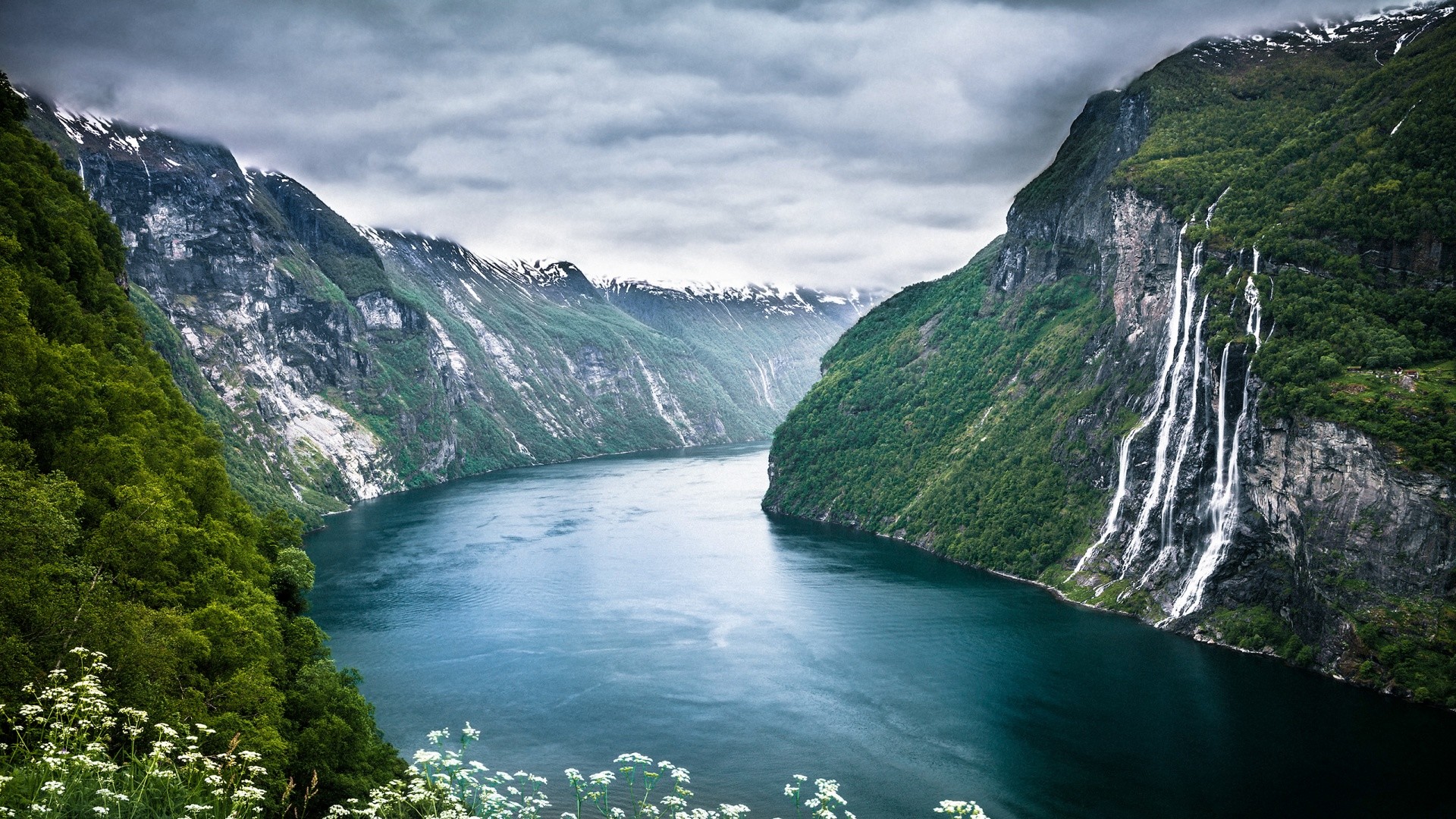 Geirangerfjord, Sette Sorelle, Norvegia, Fiordo, Cascata, 16:9 Full HD, sfondo widescreen