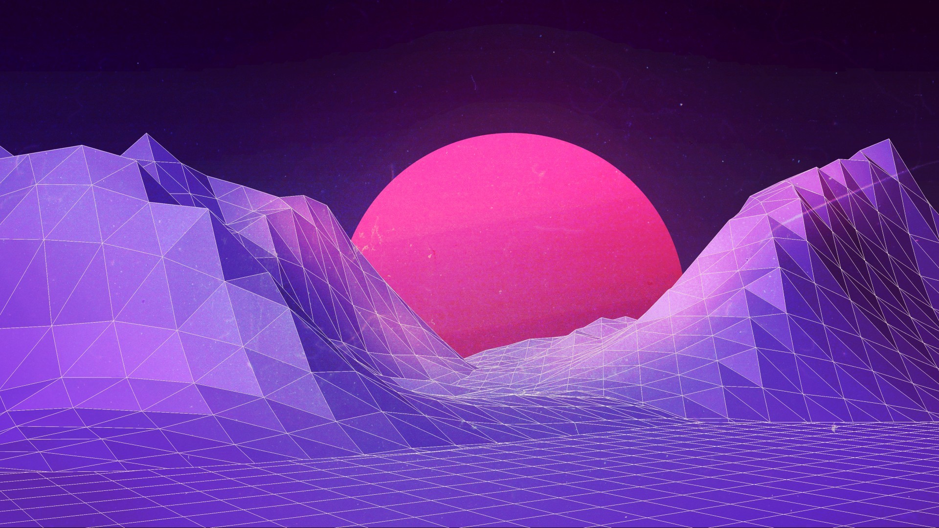 Synthwave, Montagne low poly, Sole, Viola, Full HD, sfondo per PC e portatile