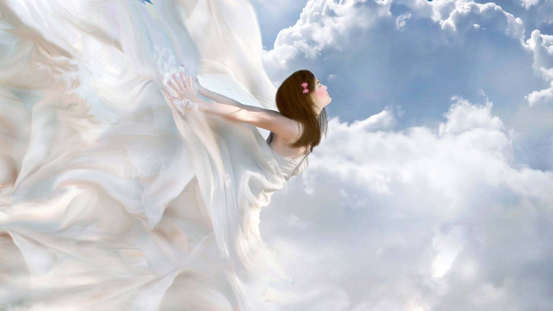Angelo, Abito bianco, Nuvole, Cielo, Arte fantasy, 16:9 Full HD, sfondo widescreen