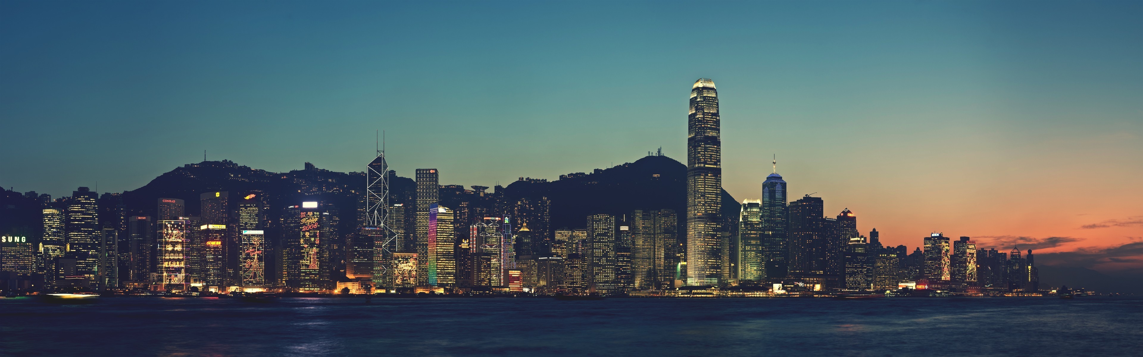 Hong Kong, Victoria Harbour, Skyline, Crepuscolo, Full HD, sfondo Windows 11