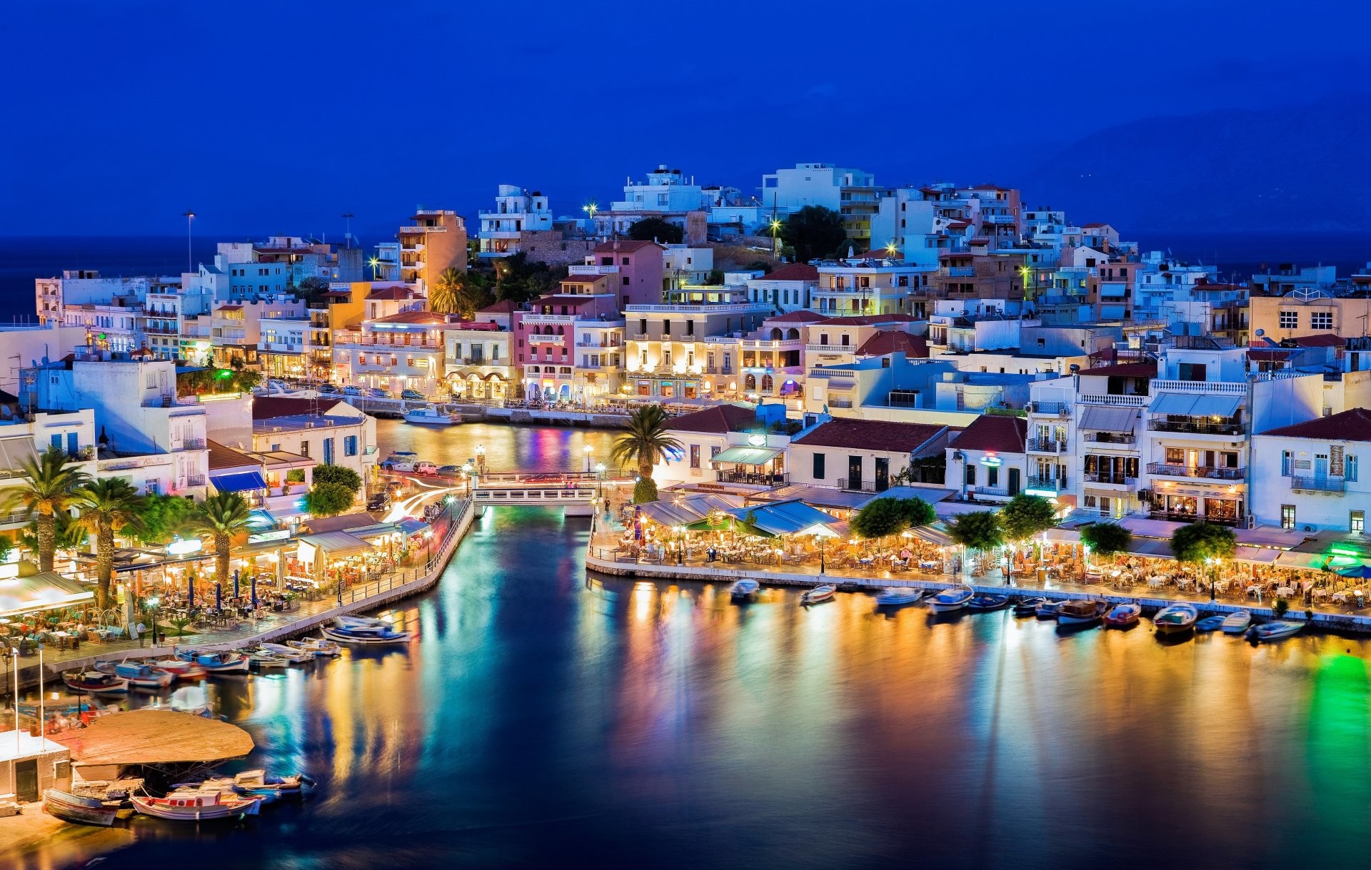 Agios Nikolaos, Creta, Grecia, Porto, Notte, Full HD, sfondo per portatile