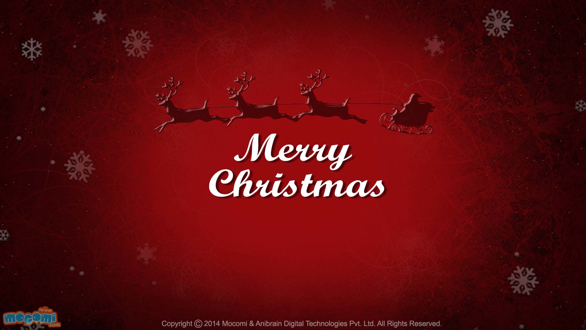 Merry Christmas, Slitta di Babbo Natale, Renne, Sfondo rosso, Fiocchi di neve, wallpaper Full HD