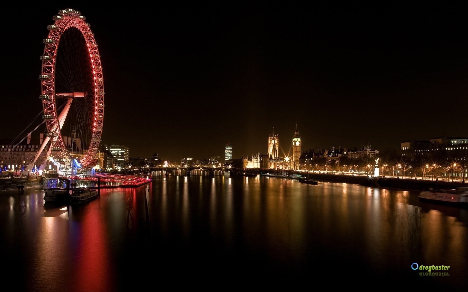 London Eye, Londra, Big Ben, Tamigi, Notte, Full HD, sfondo desktop