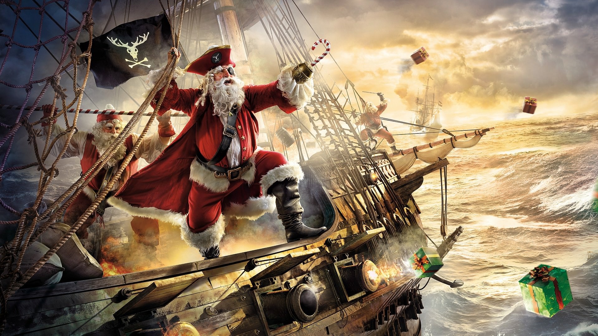 Babbo Natale, Nave pirata, Mare in tempesta, Regali, Arte digitale, sfondo 16:9 Full HD