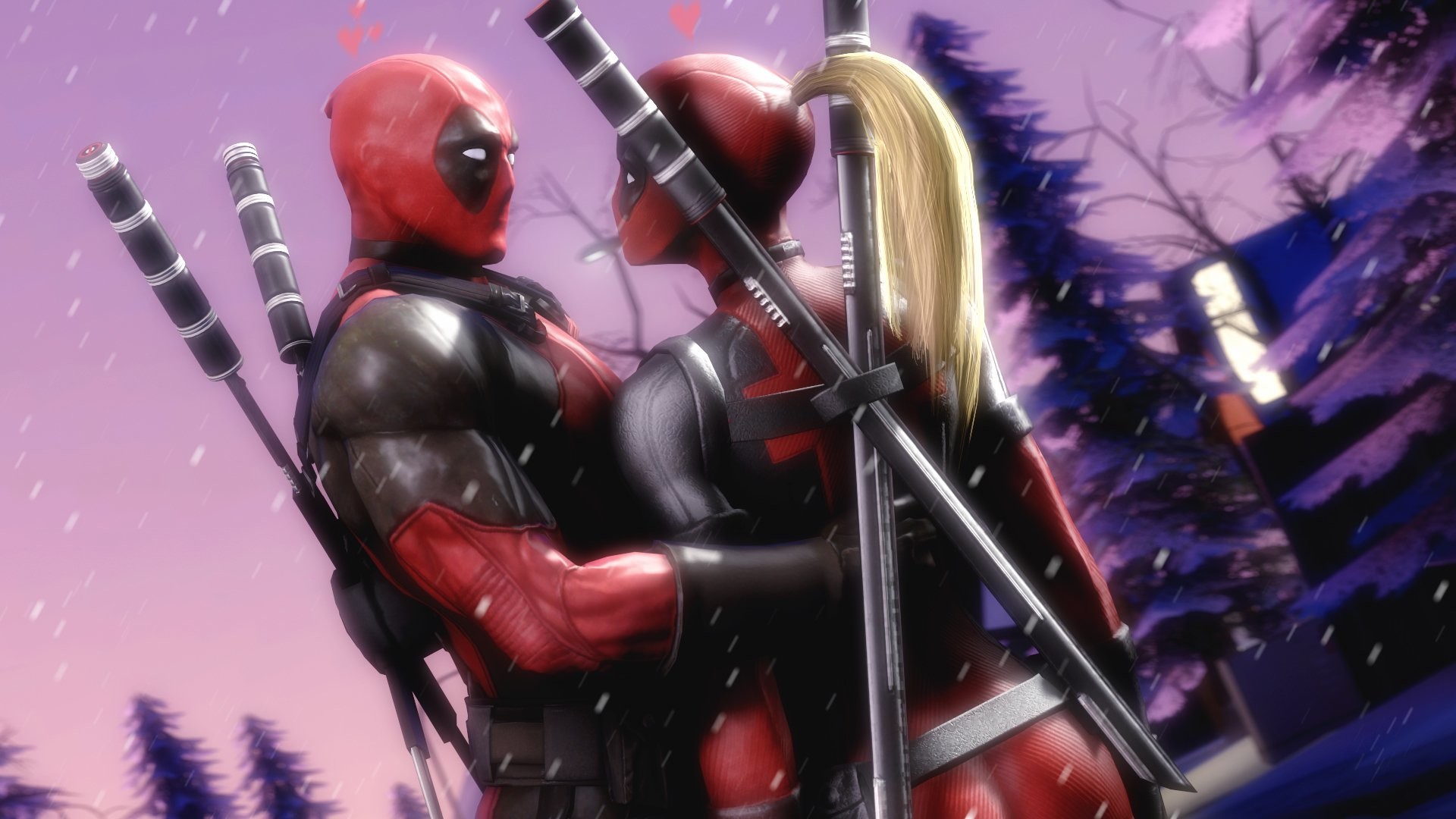 Deadpool, Lady Deadpool, Abbraccio, Neve, Full HD 1080p, sfondo desktop