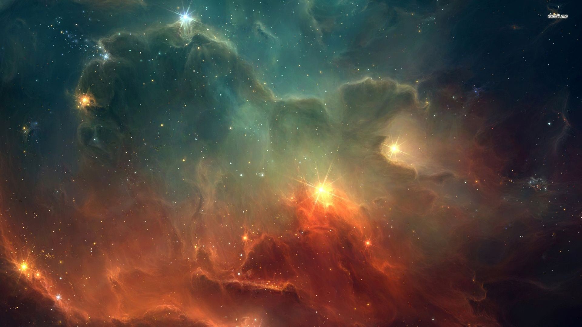 Nebulosa, Spazio, Verde acqua, Arancione, 16:9 Full HD, sfondo widescreen