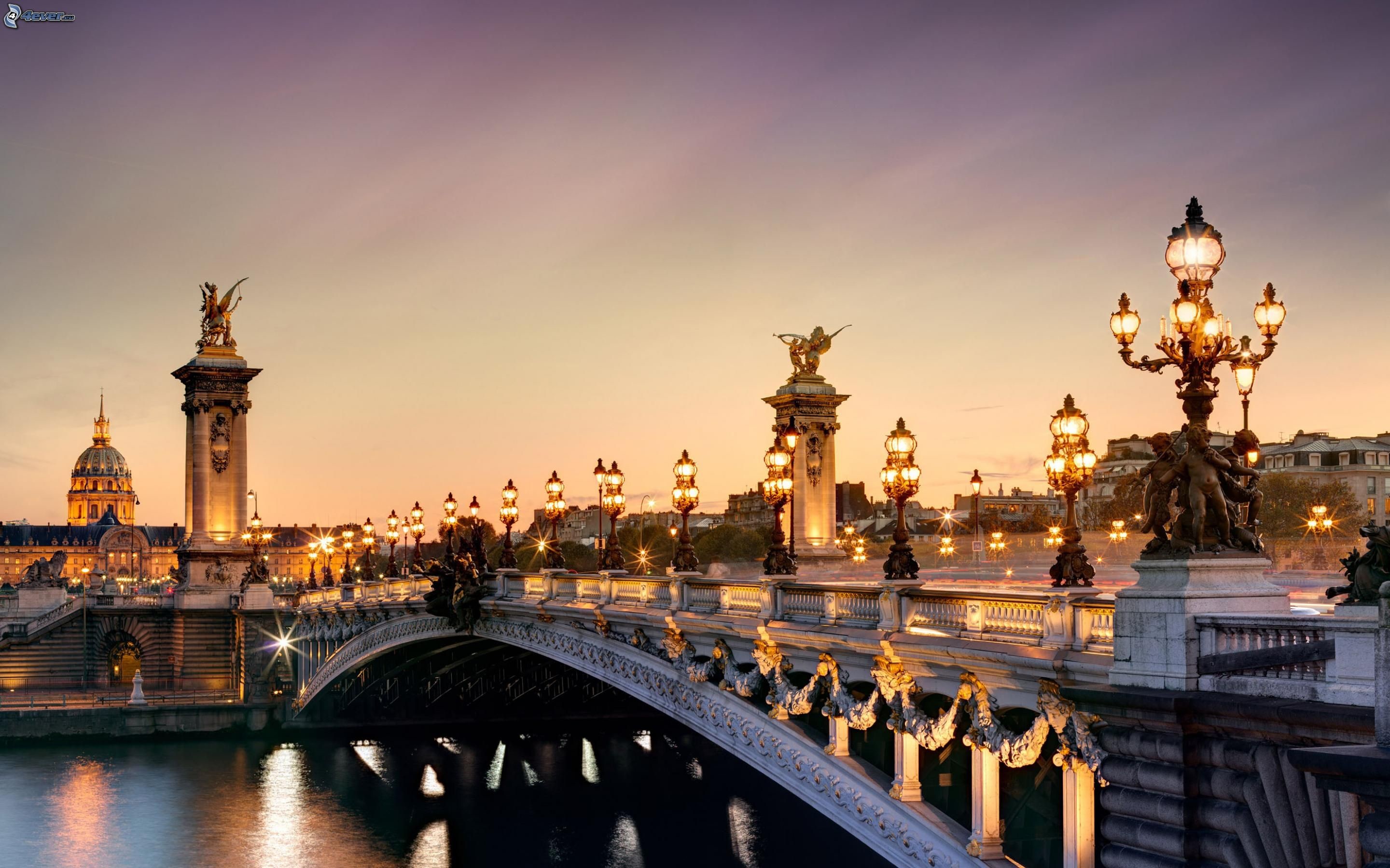 Pont Alexandre III, Les Invalides, Senna, Parigi, Tramonto, 2K, sfondo per PC