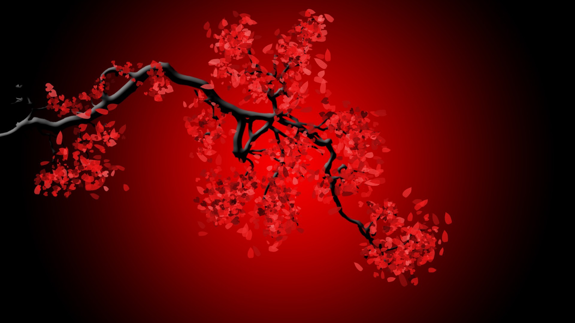 Ramo fiorito, Foglie rosse, Sfondo rosso, Minimalista, 1920x1080, wallpaper desktop