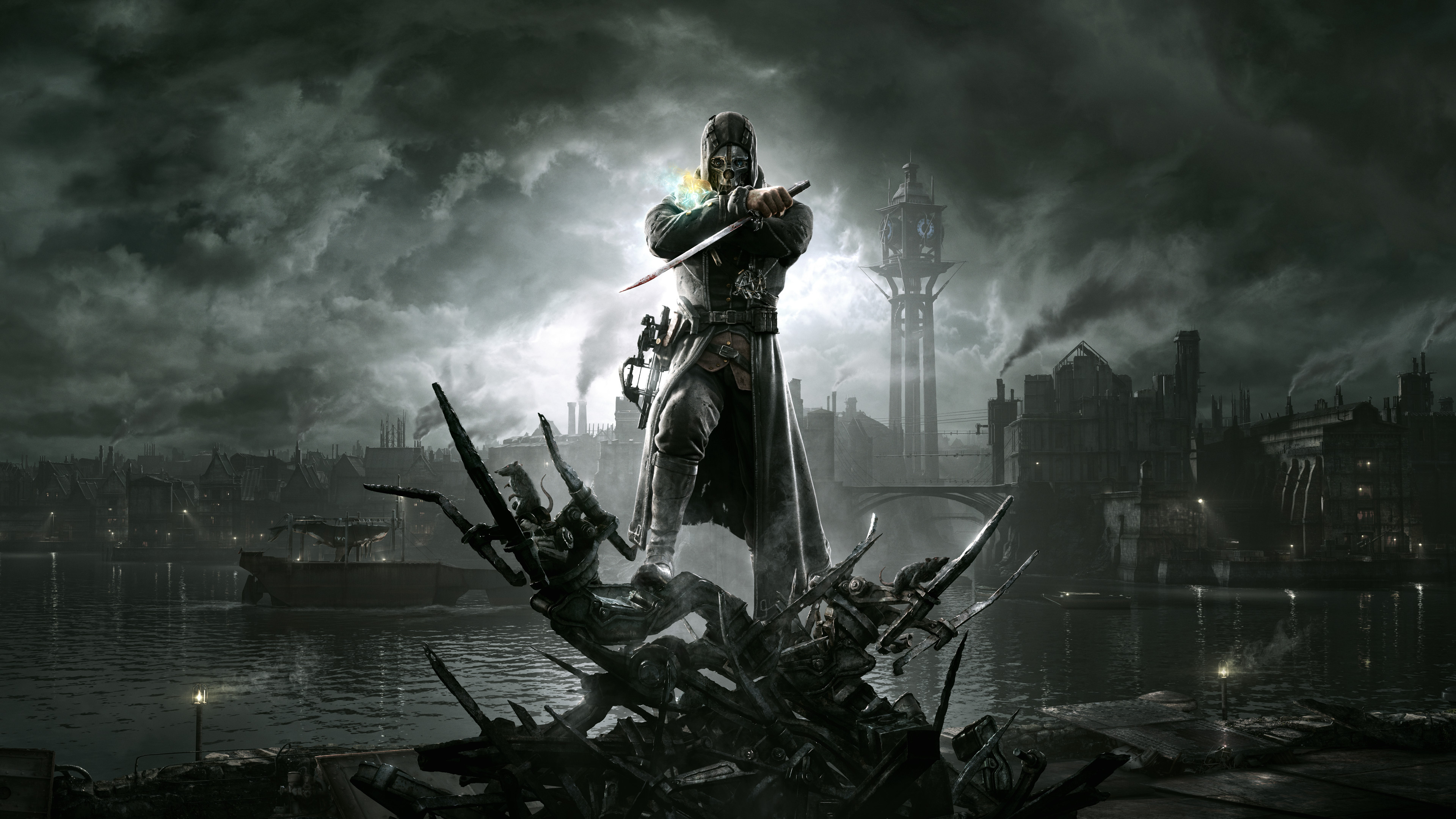 Dishonored, Corvo Attano, Dunwall, Bianco e nero, 3840x2160, sfondo per PC