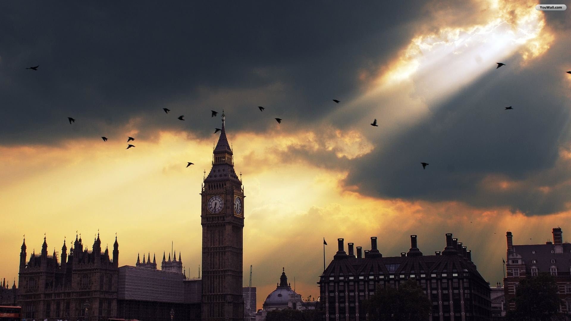 Big Ben, Palazzo di Westminster, Londra, Silhouette, Raggi di sole, Uccelli, immagine di sfondo