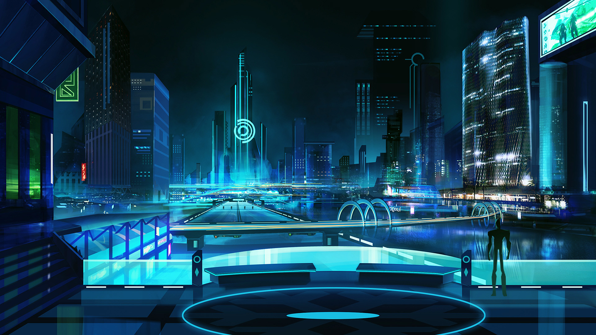 Tron: Legacy, Città futuristica, Neon, Fantascienza, Full HD, sfondo desktop