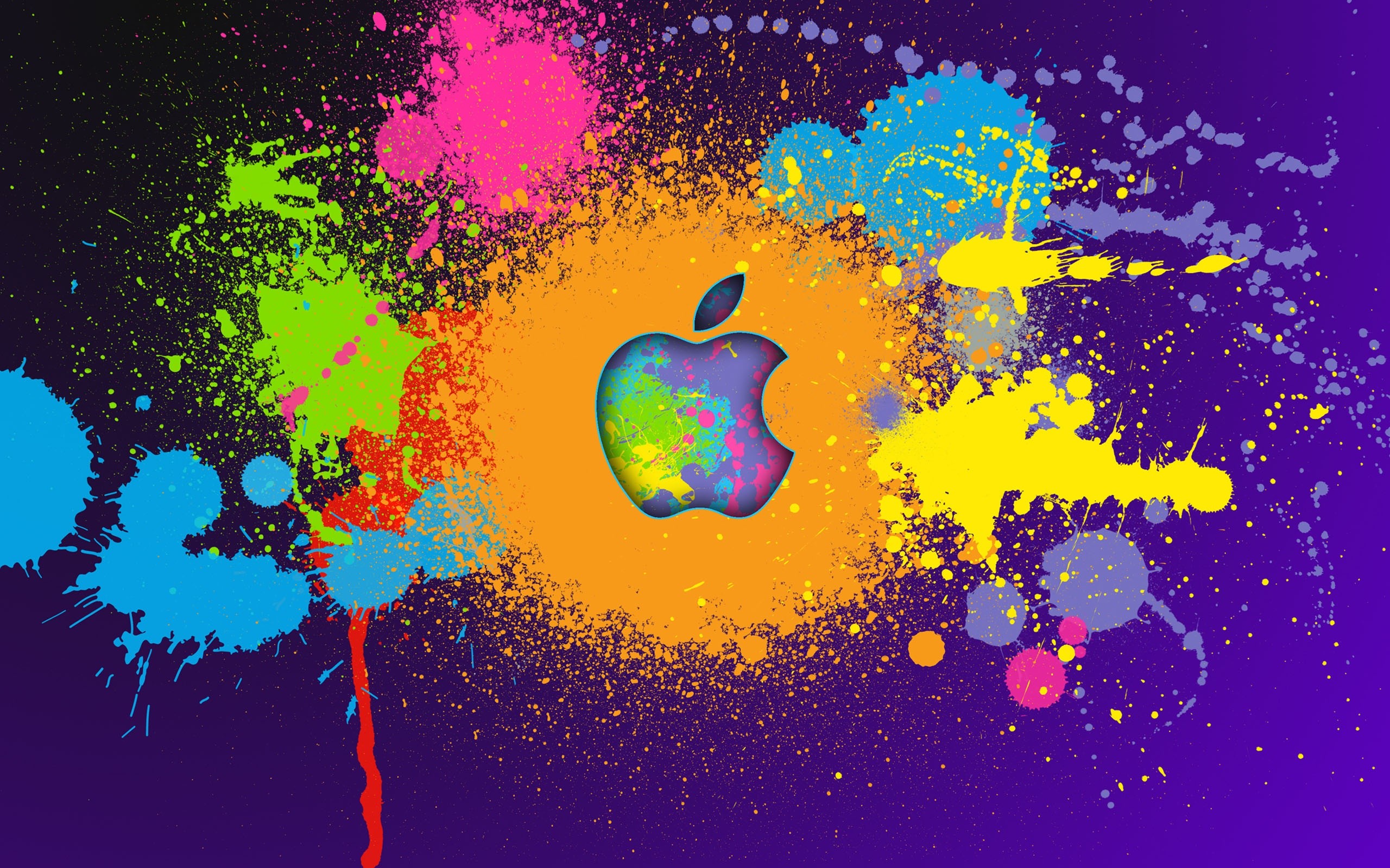 Logo Apple, Schizzi di vernice, Viola, Colori vivaci, sfondo Mac