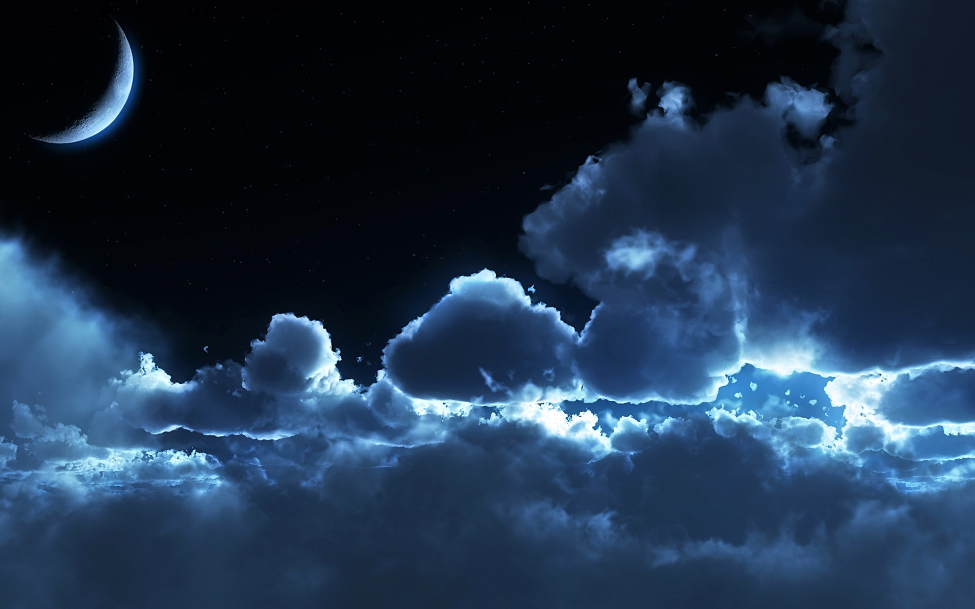 Luna crescente, Nuvole, Cielo notturno, Full HD, sfondo per PC e portatile