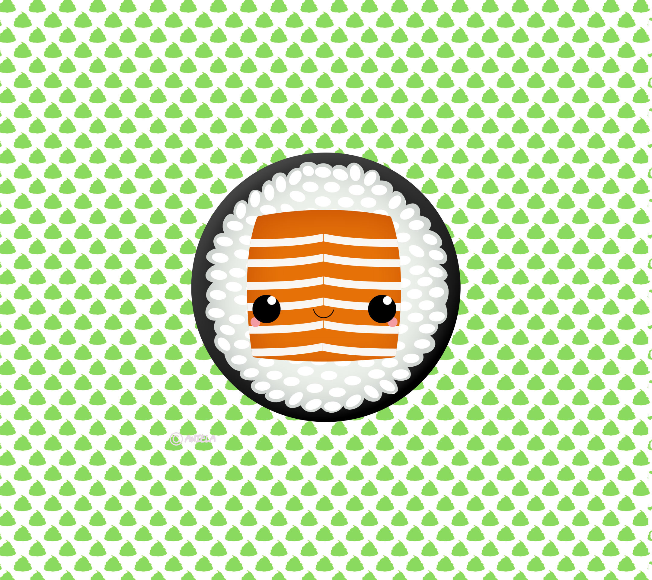 Maki, Salmone, Sushi kawaii, Motivo verde, sfondo per iPad e tablet