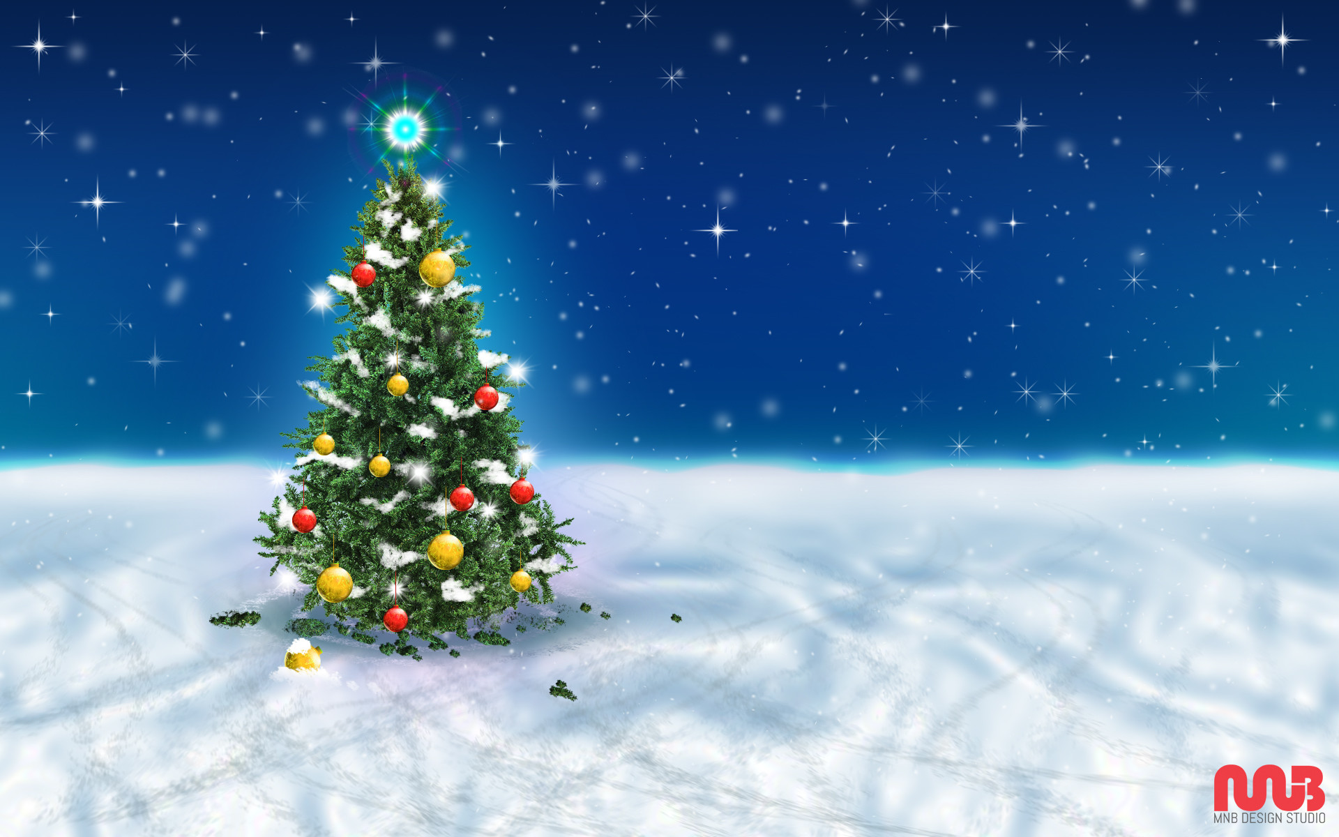 Albero di Natale, Neve, Cielo stellato, Rendering 3D, Full HD, wallpaper per PC