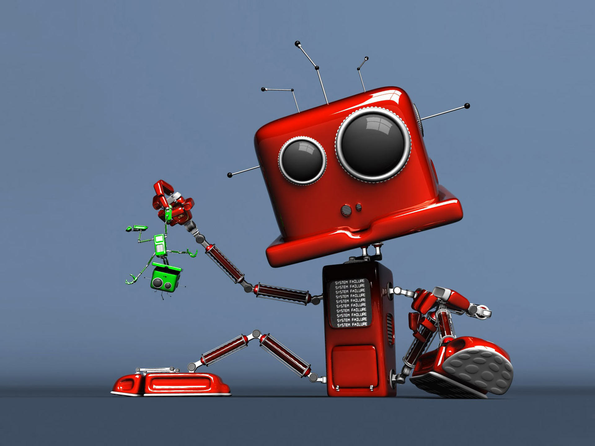 Robot rosso, Robot giocattolo, Rendering 3D, Sfondo grigio, Full HD, schermata di blocco iPad