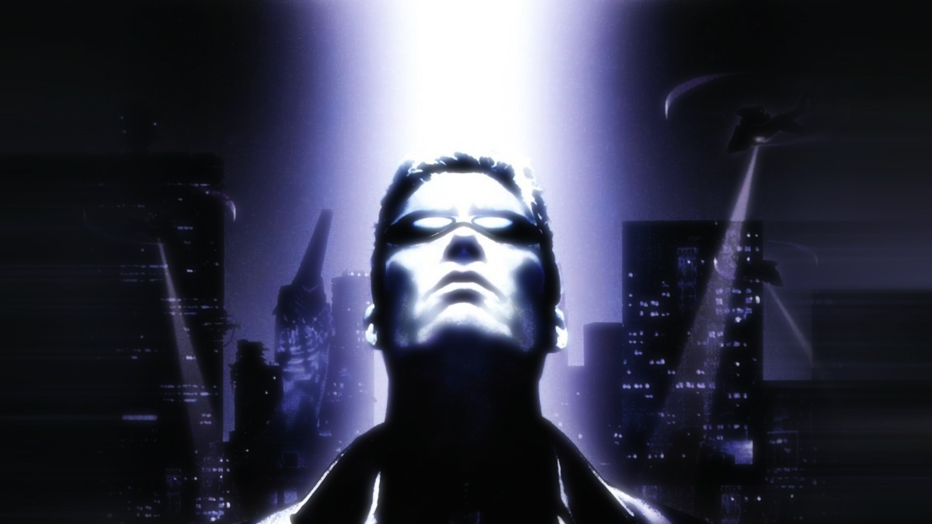 JC Denton, Deus Ex, Città di notte, Fascio di luce, Full HD, sfondo per portatile
