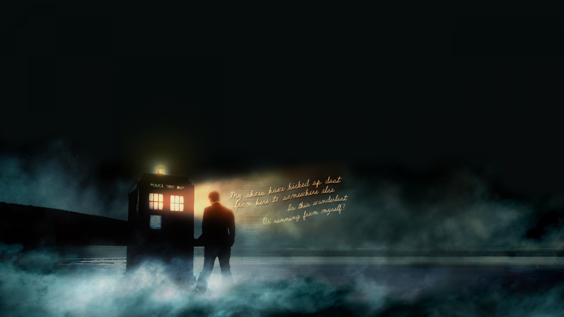 TARDIS, Doctor Who, Nebbia, Silhouette, Citazione, 1920x1080, immagine di sfondo