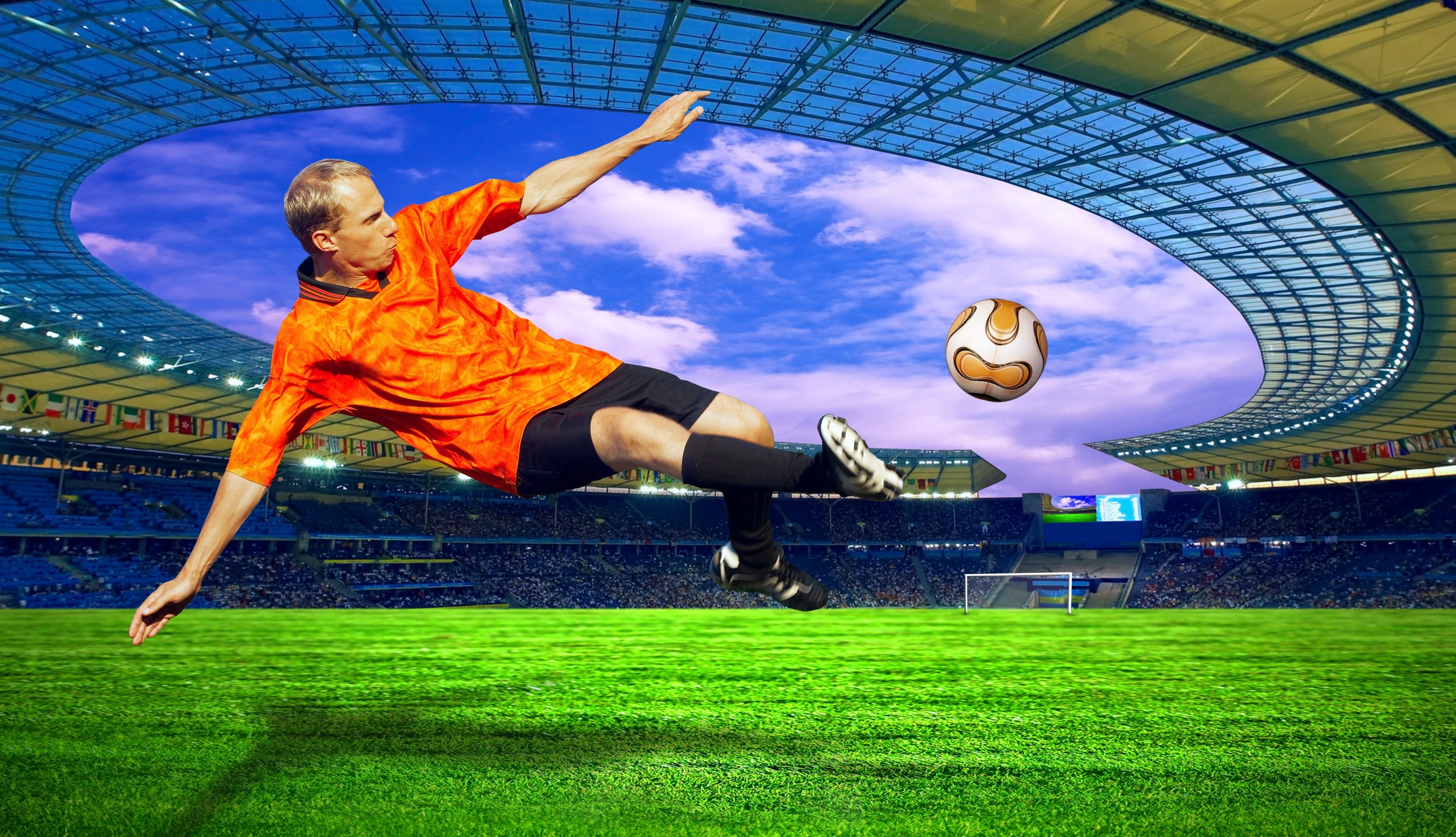 Calciatore, Rovesciata, Stadio, Maglia arancione, Pallone, 2K, sfondo per PC e portatile