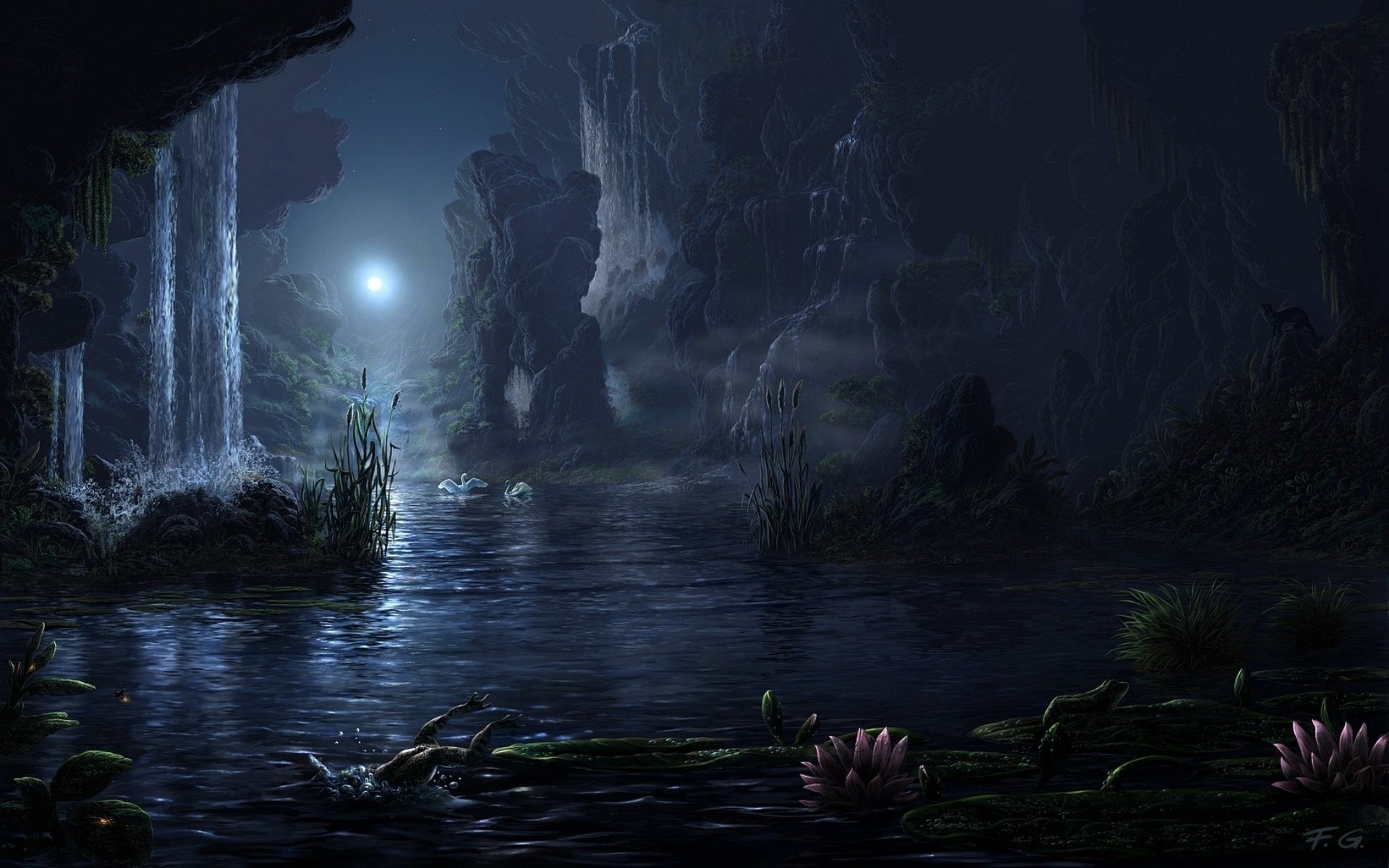 Paesaggio fantasy, Cascate, Luna, Lago, Notte, 1920x1200, sfondo MacBook Pro