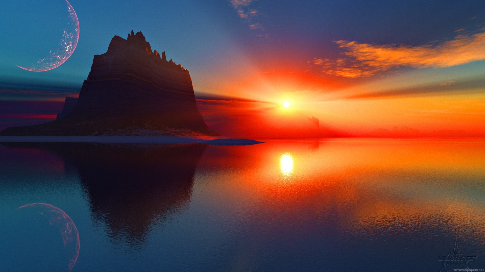 Tramonto, Isola rocciosa, Riflesso, Arte fantasy, Pianeti, 1920x1080, immagine di sfondo