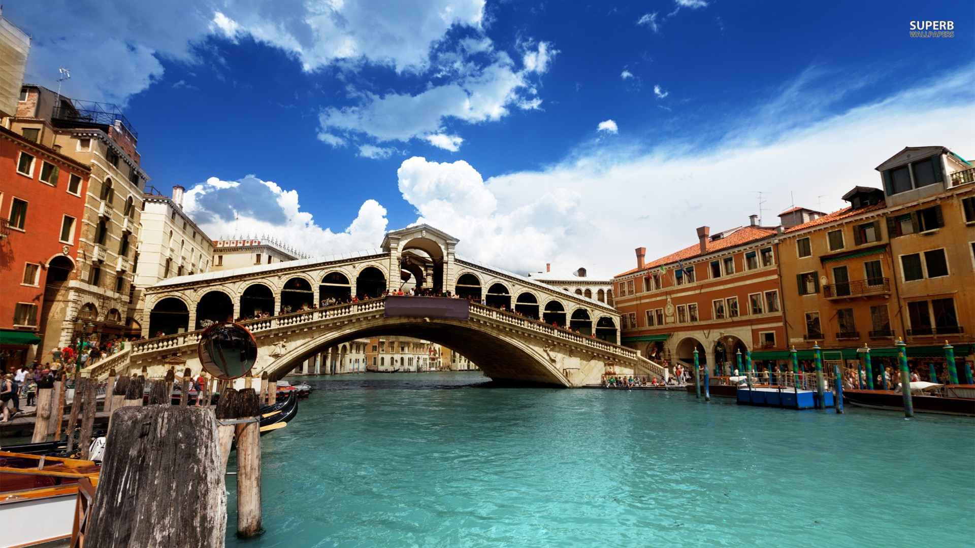 Ponte di Rialto, Canal Grande, Venezia, Cielo blu, Full HD, sfondo desktop