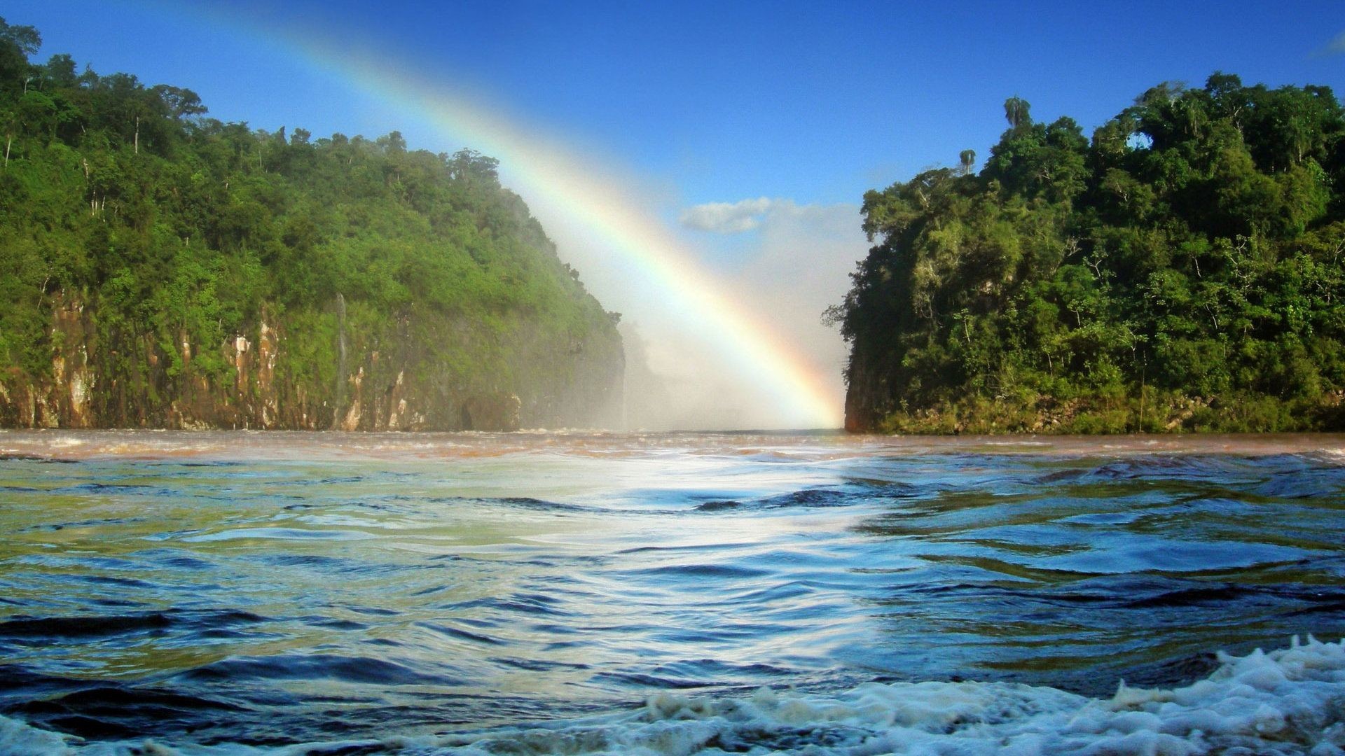 Arcobaleno, Cascata, Foresta, Fiume, Full HD, sfondo per portatile