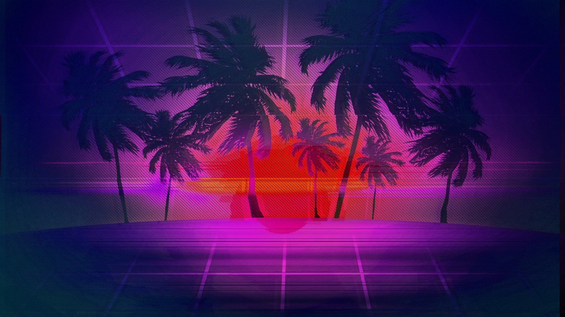 Synthwave, Palme, Sole retro, Viola, 1920x1080, immagine di sfondo