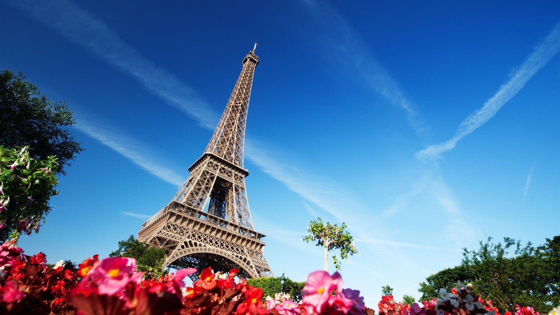 Torre Eiffel, Parigi, Fiori, Cielo azzurro, Full HD 1080p, sfondo desktop