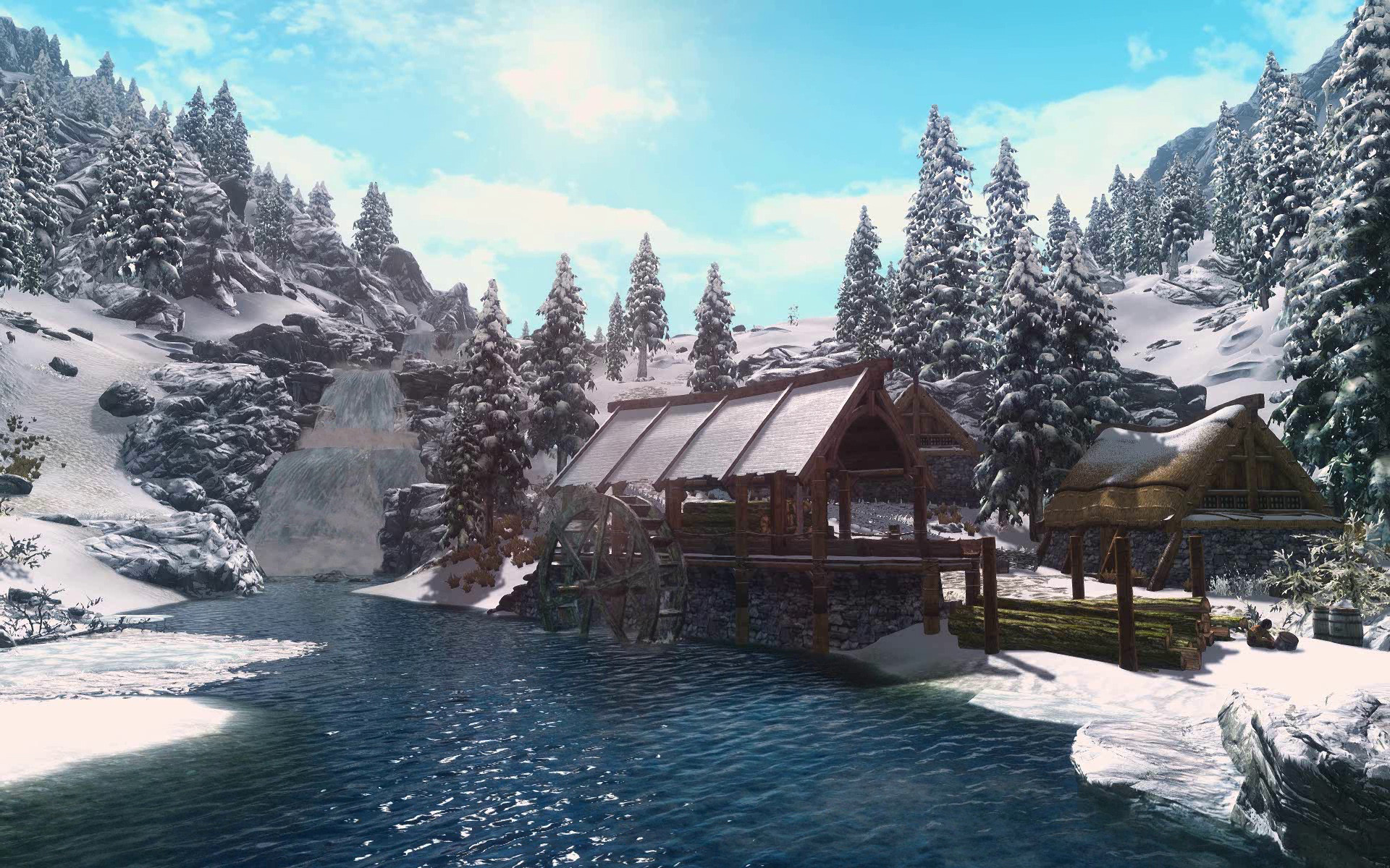 The Elder Scrolls V: Skyrim, Mulino, Neve, Fiume, 1920x1200, immagine di sfondo