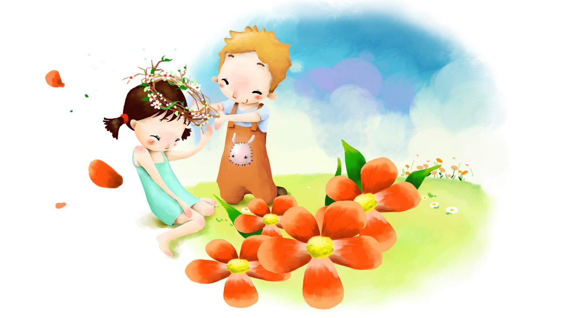 Coppia, Bambini, Fiori, Illustrazione, 16:9 Full HD, sfondo widescreen