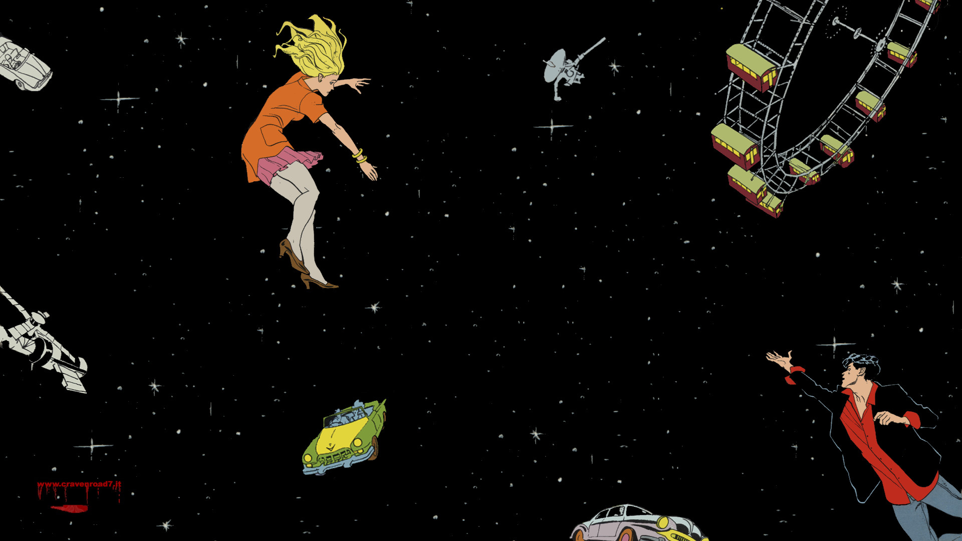 Fluttuare nello spazio, Ruota panoramica, Illustrazione, Sfondo nero, wallpaper 1920x1080