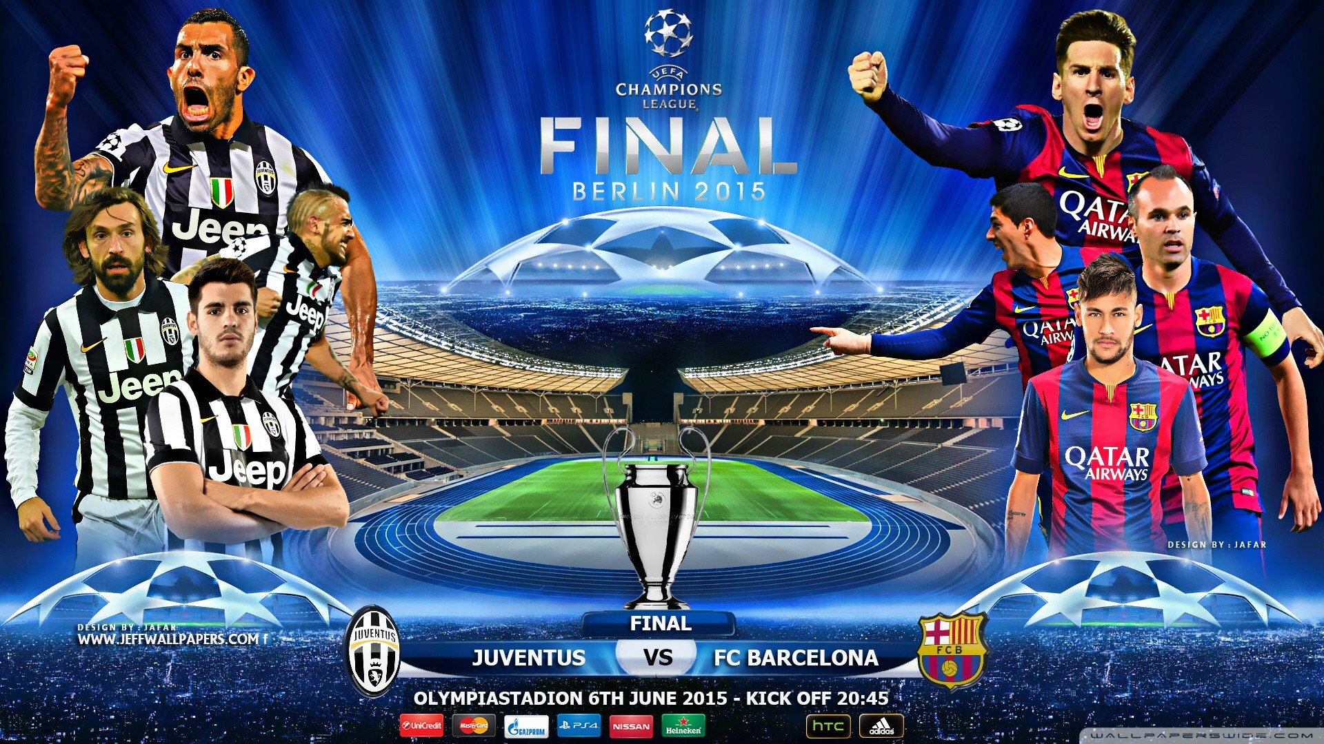 Finale Berlino 2015, Juventus, FC Barcellona, Olympiastadion, Lionel Messi, Andrea Pirlo, sfondo Full HD