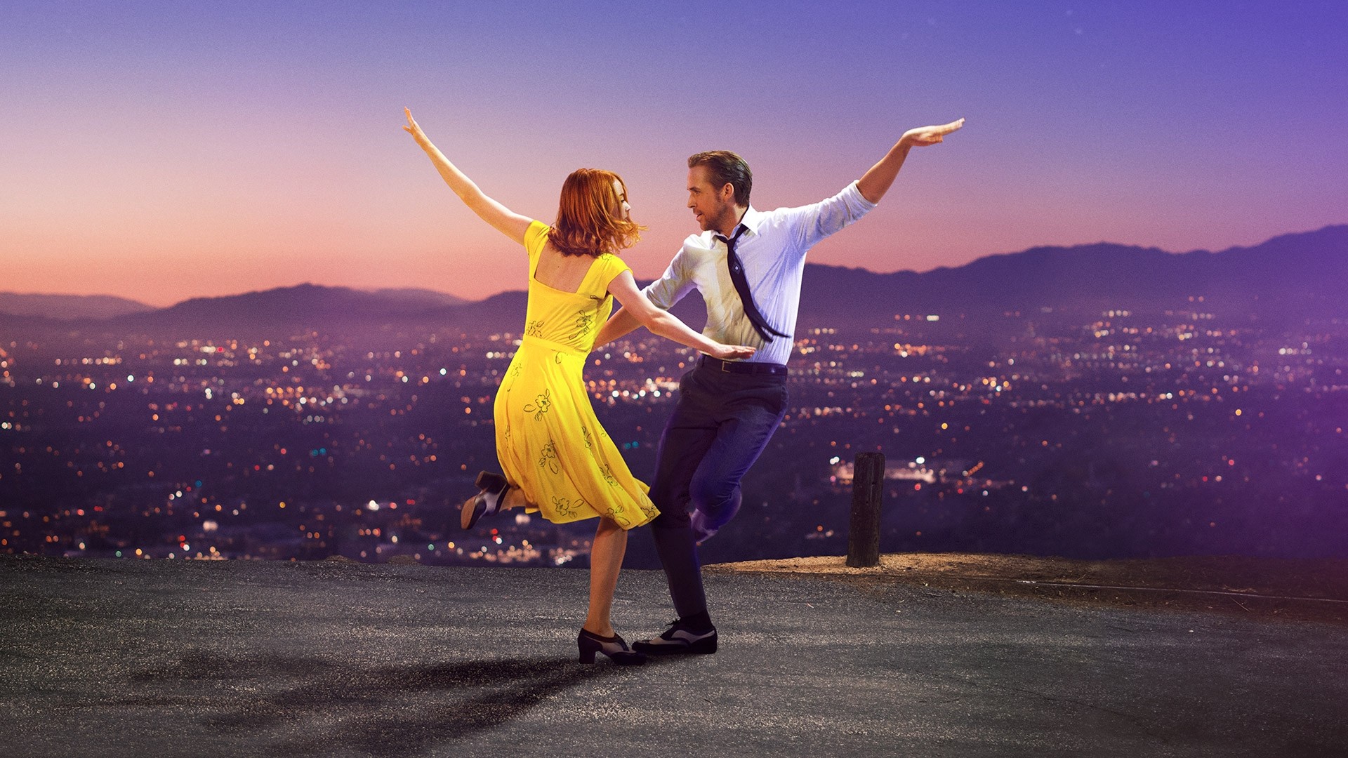 La La Land, Emma Stone, Ryan Gosling, Ballo, Crepuscolo viola, Full HD, sfondo Windows 11