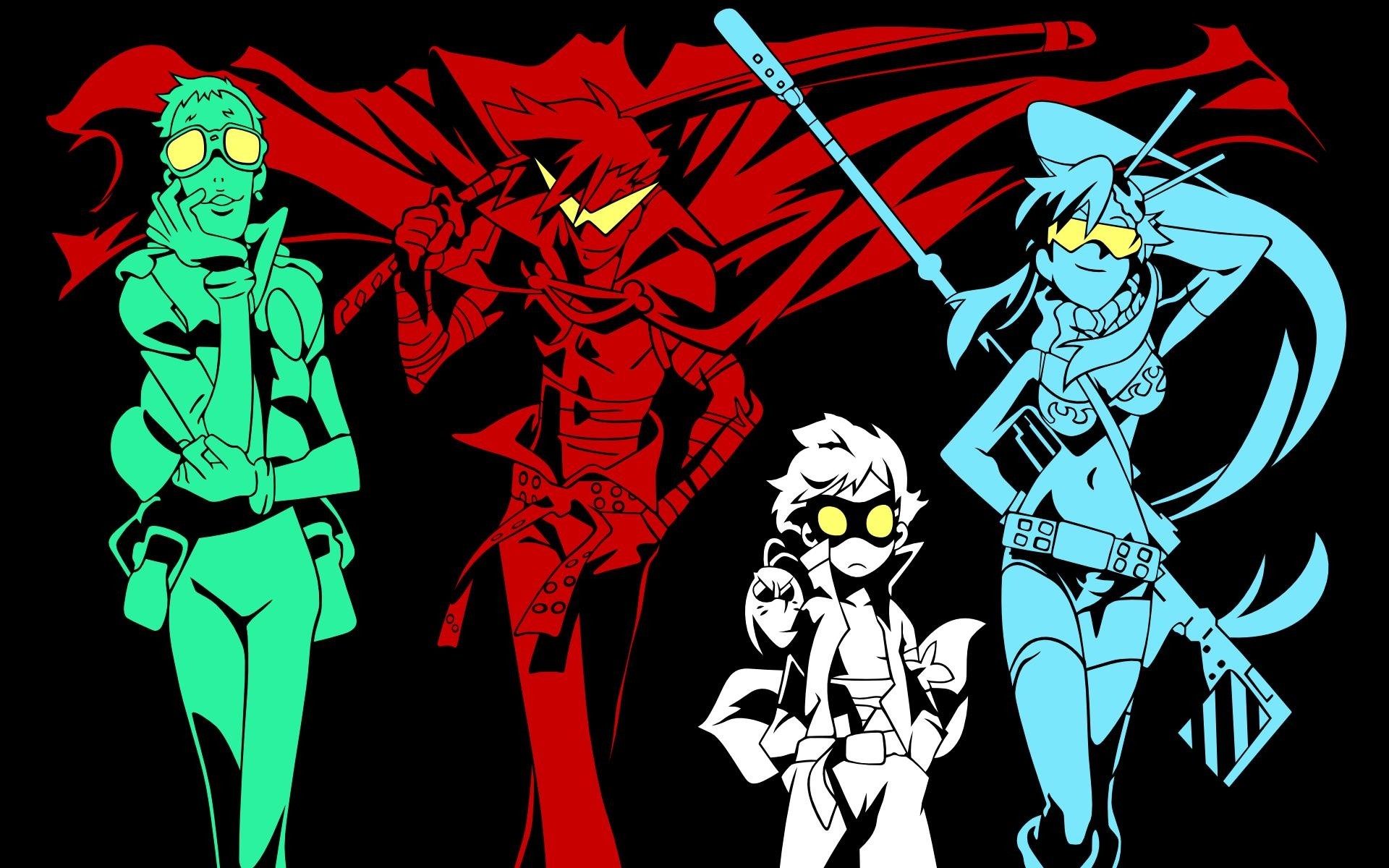 Kamina, Simon, Yoko Littner, Gurren Lagann, Silhouette colorate, sfondo Full HD per portatile