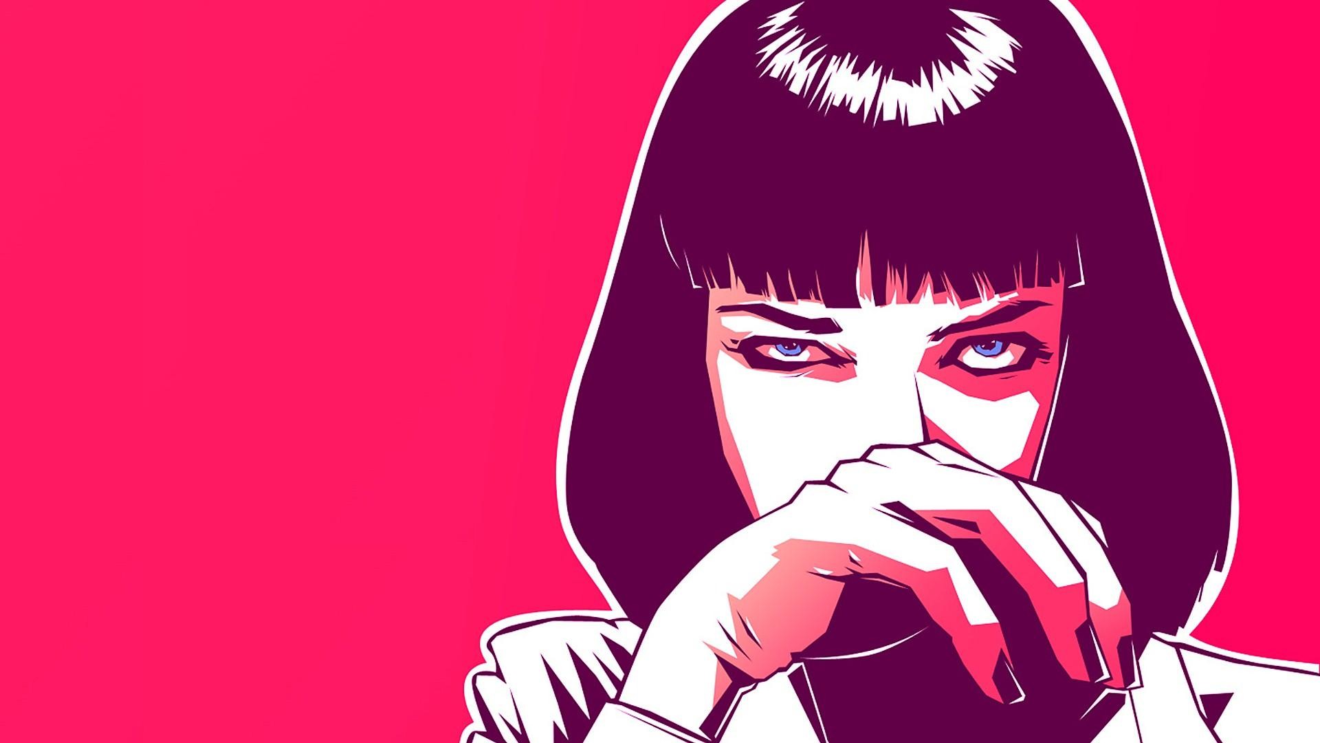 Pulp Fiction, Mia Wallace, Uma Thurman, Pop art, Sfondo rosa, Full HD, wallpaper desktop