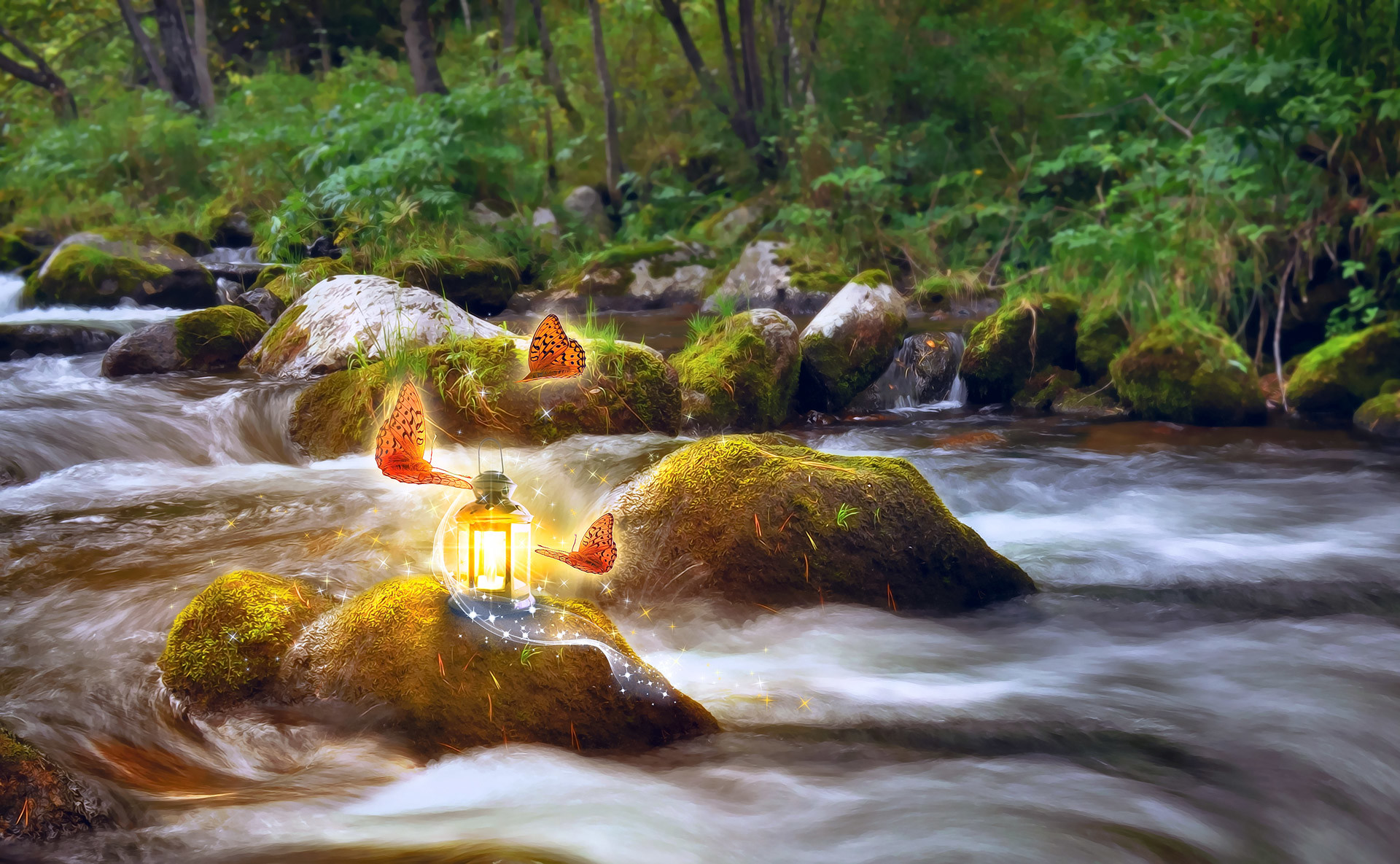 Torrente, Lanterna, Rocce muschiose, Fantasy, Full HD, sfondo per portatile