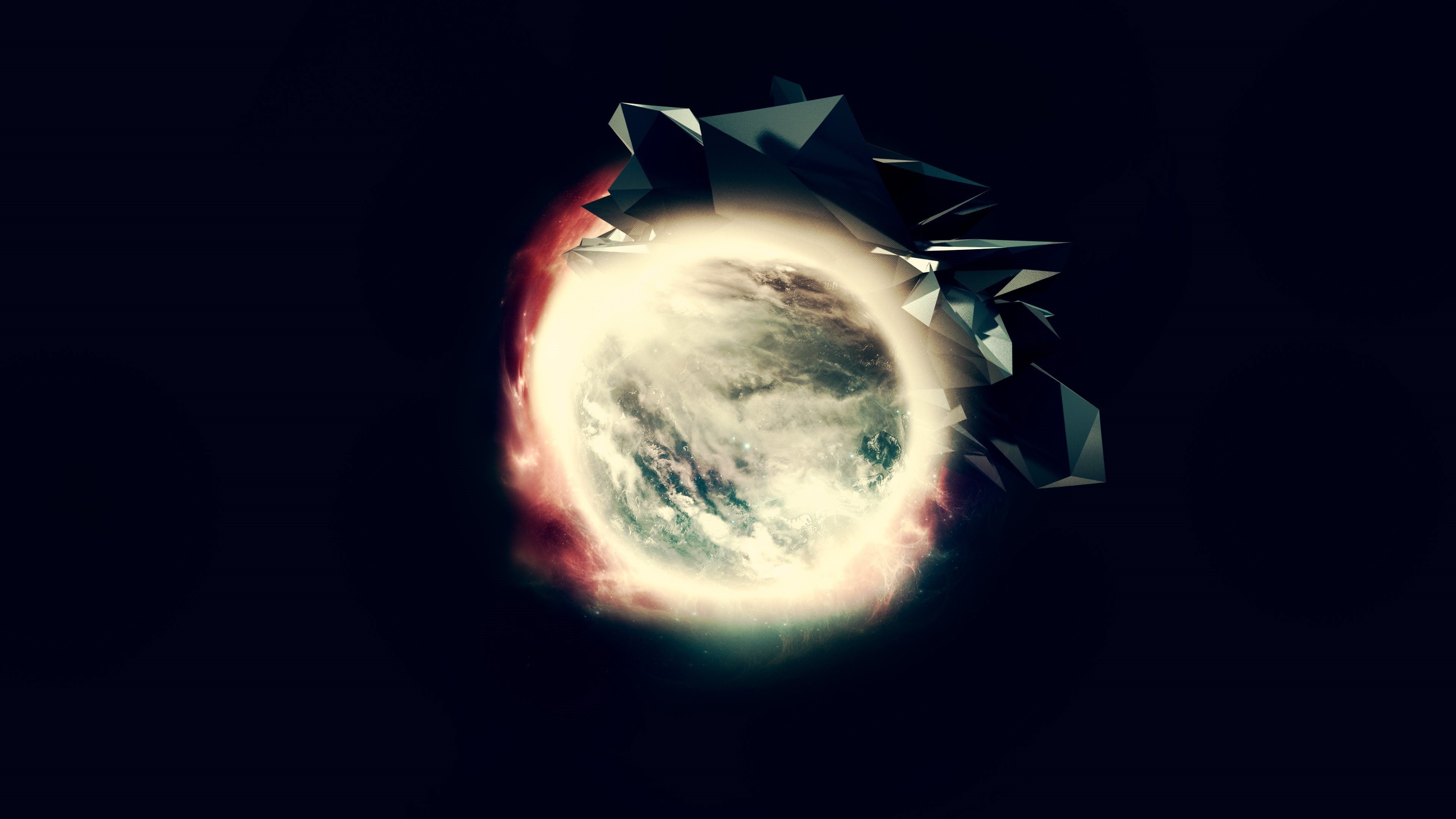 Pianeta, Low poly, Esplosione, Arte digitale, 4K, sfondo per PC e portatile