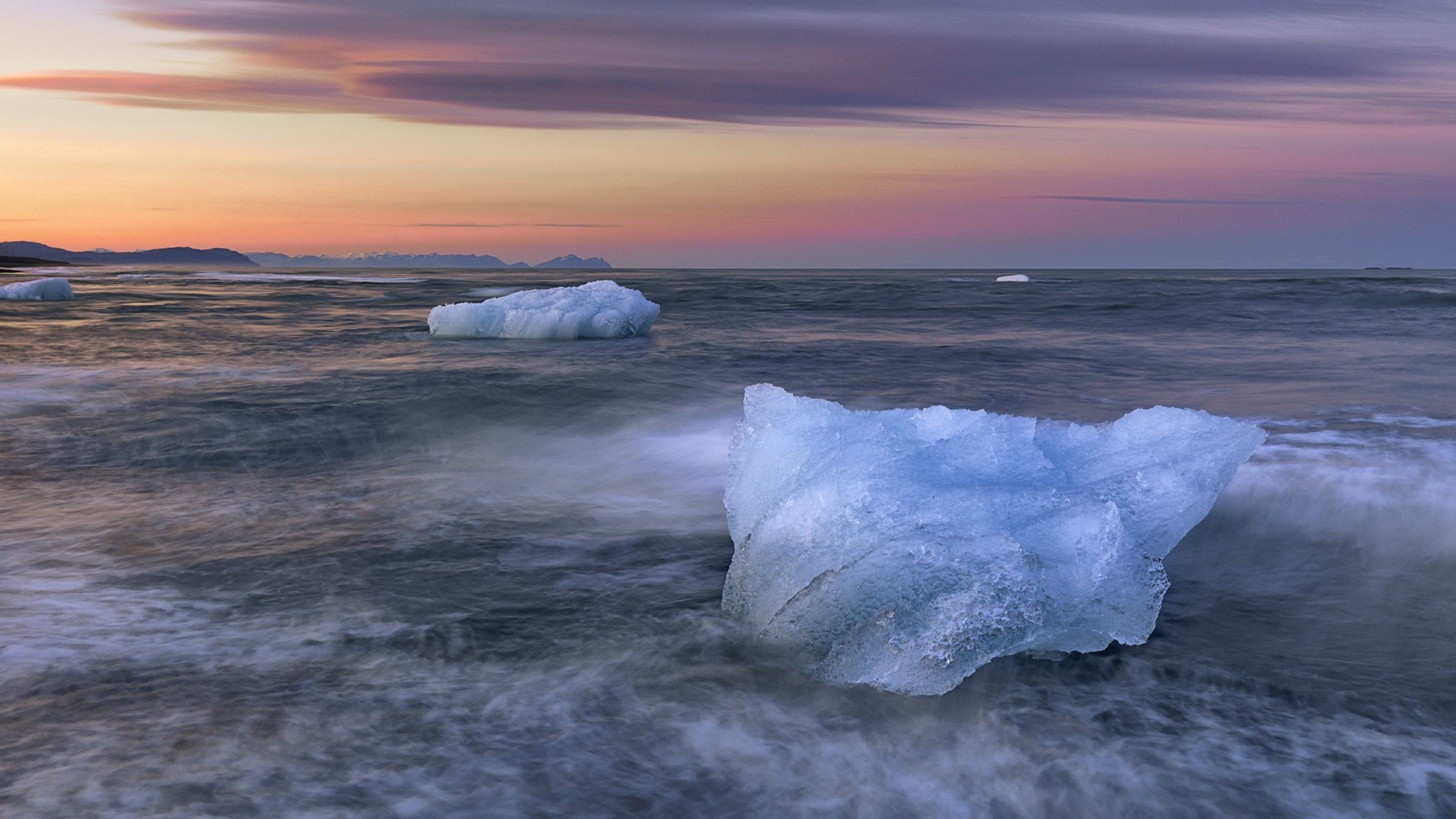 Jökulsárlón, Islanda, Iceberg, Mare, Tramonto, Full HD, sfondo Windows 11