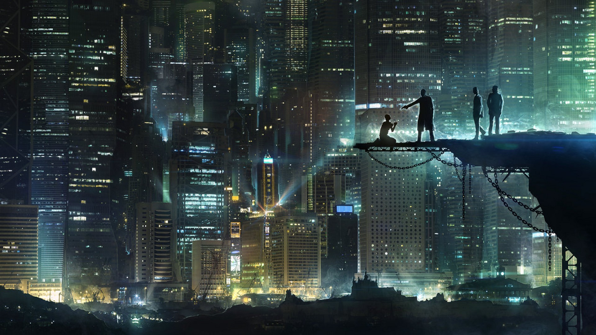 Città cyberpunk, Grattacieli, Notte, Scogliera, Silhouette, Full HD 1080p, sfondo desktop