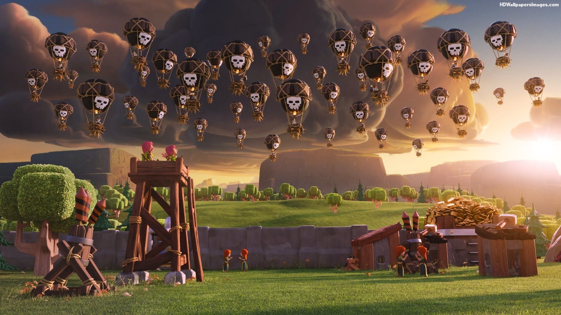 Clash of Clans, Mongolfiere, Torre degli arcieri, Villaggio, Tramonto, sfondo widescreen Full HD