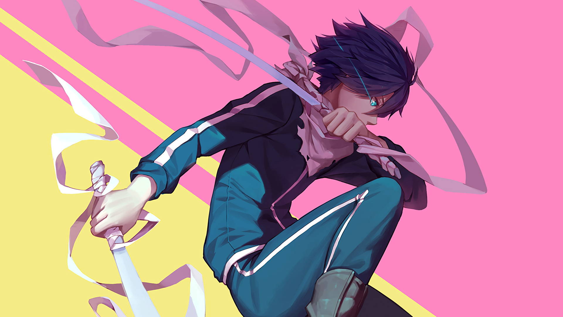 Yato, Noragami, Spada, Sfondo rosa, Giallo, Full HD, wallpaper desktop