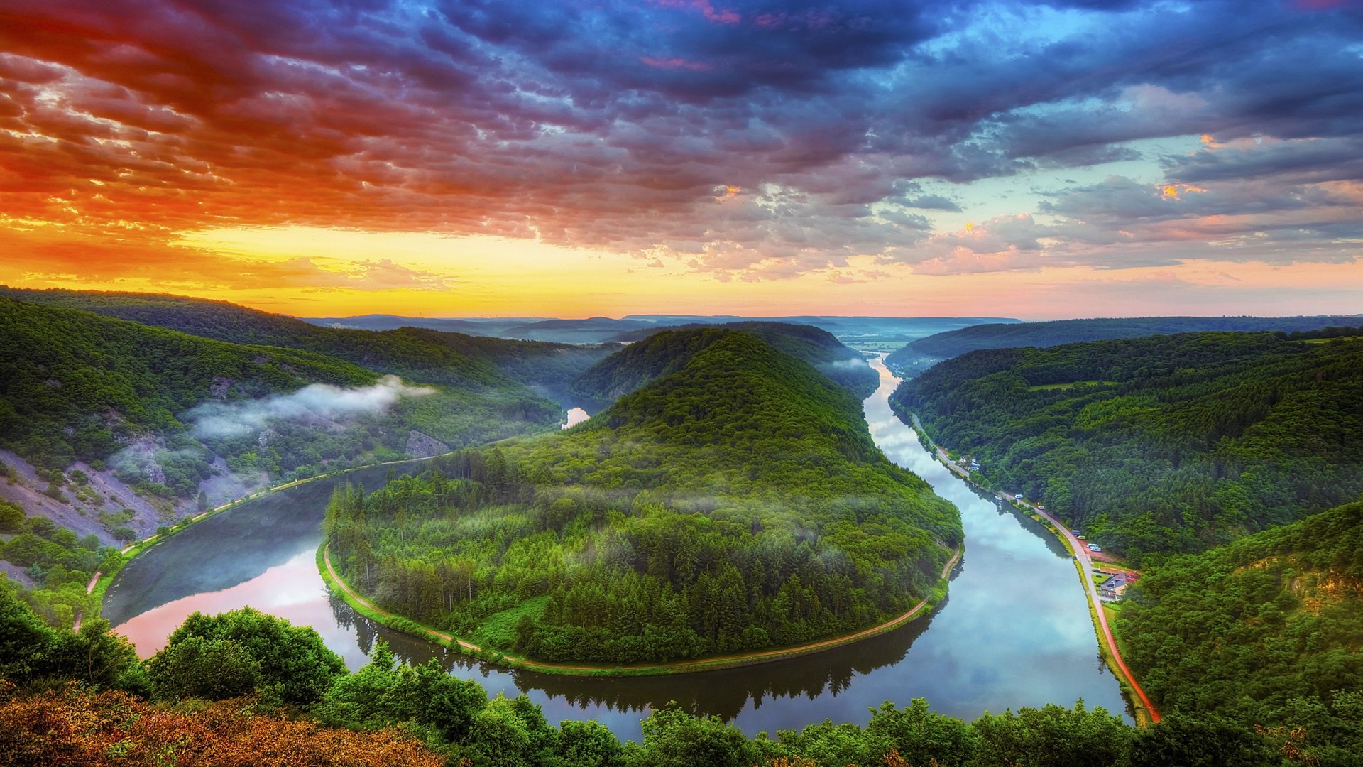 Saarschleife, Saar, Germania, Ansa del fiume, Tramonto, sfondo desktop