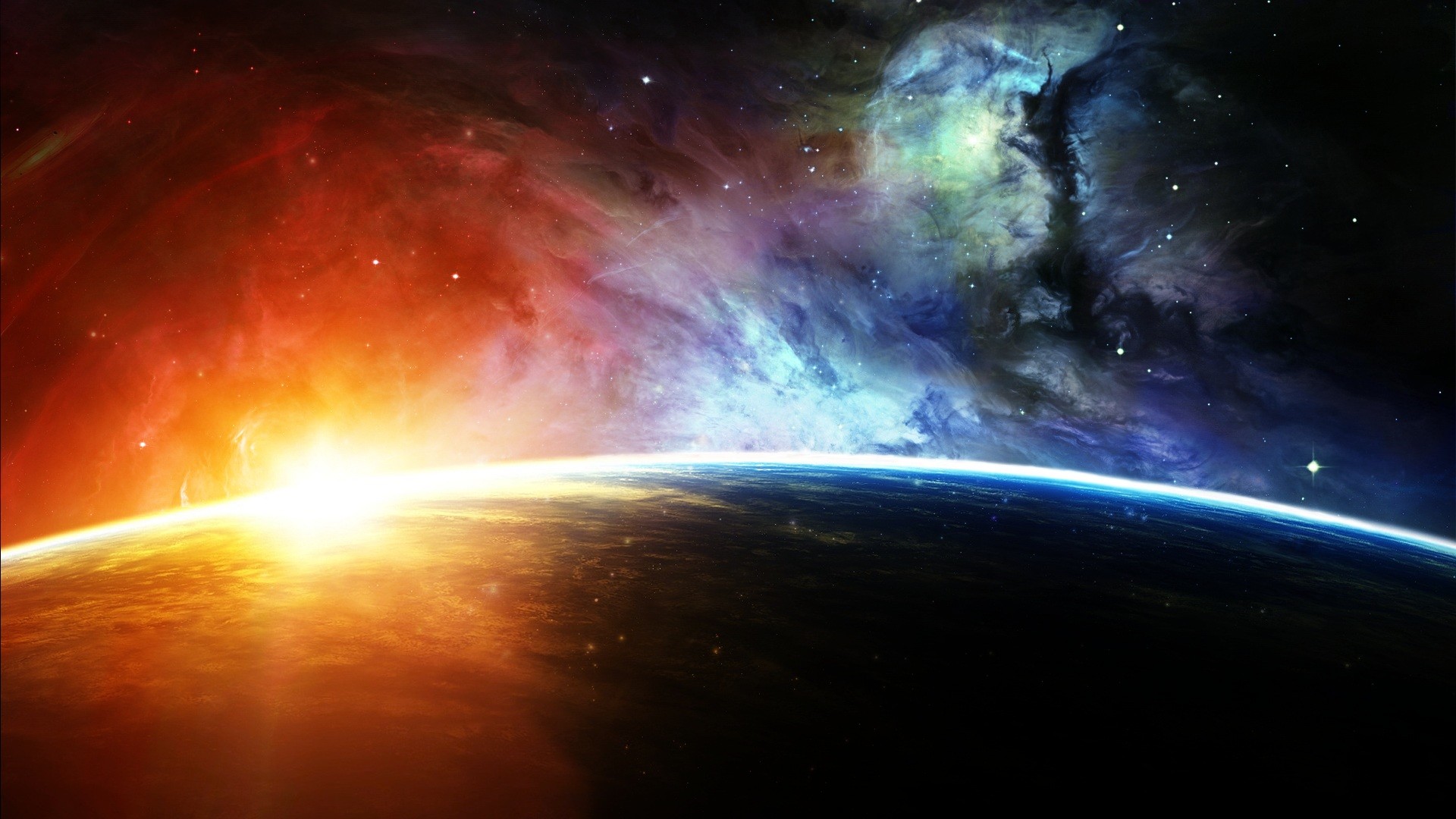 Pianeta, Alba spaziale, Nebulosa, Spazio, Full HD, wallpaper per portatile