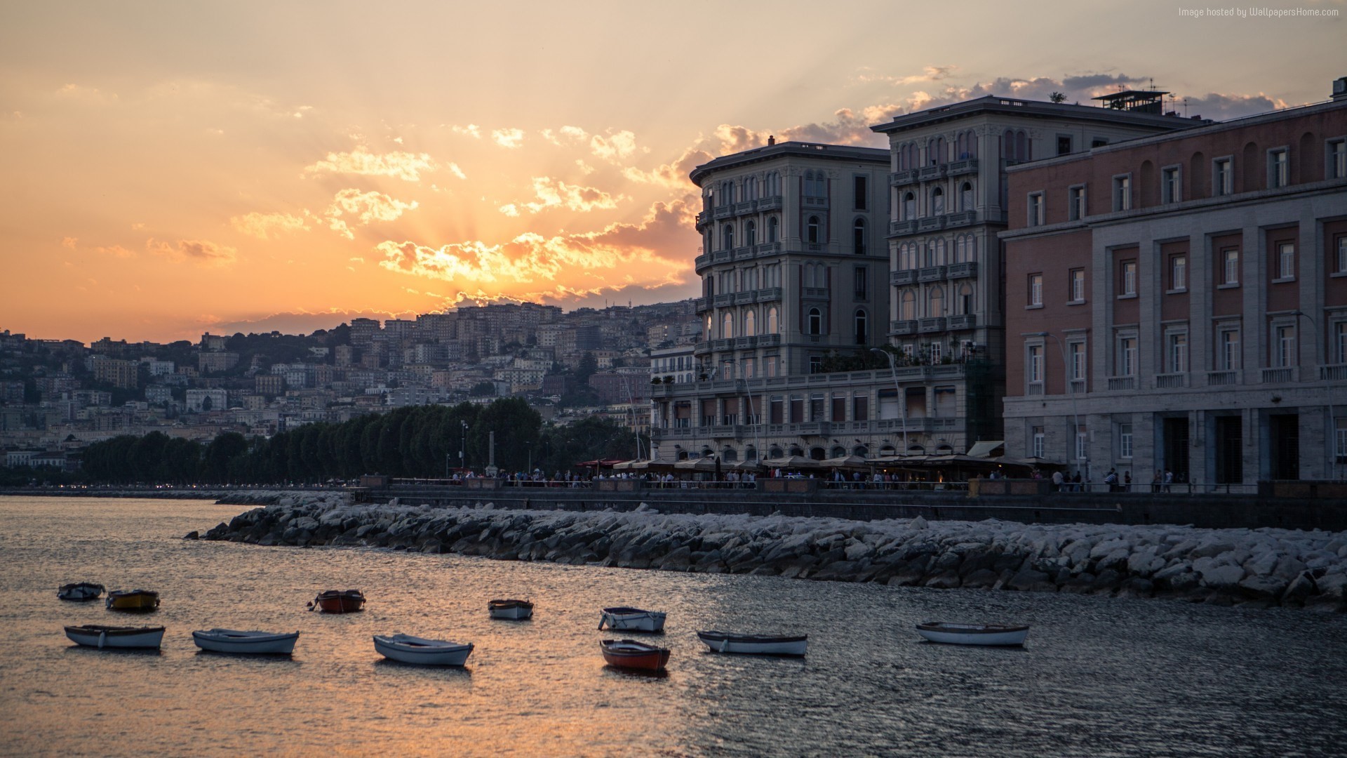 Lungomare di Napoli, Napoli, Barche, Tramonto, Full HD, sfondo per portatile