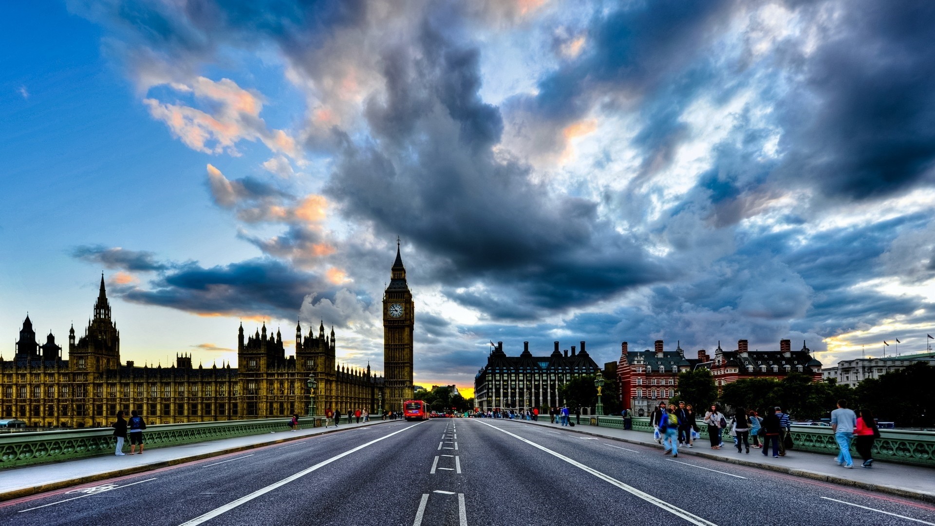 Palazzo di Westminster, Big Ben, Ponte di Westminster, Londra, Nuvole, sfondo desktop 1920x1080