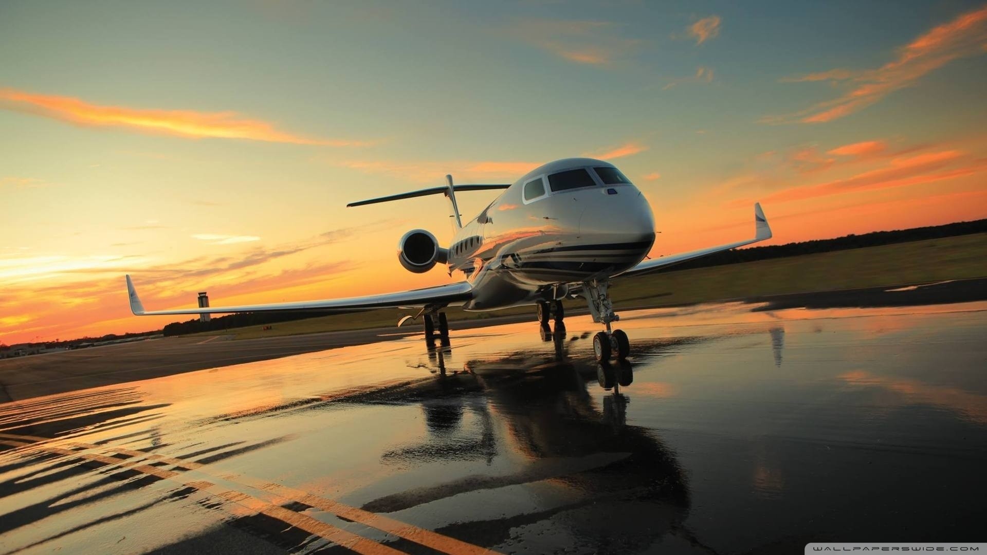 Jet privato, Business jet, Pista, Tramonto, Riflesso, 1920x1080, immagine di sfondo