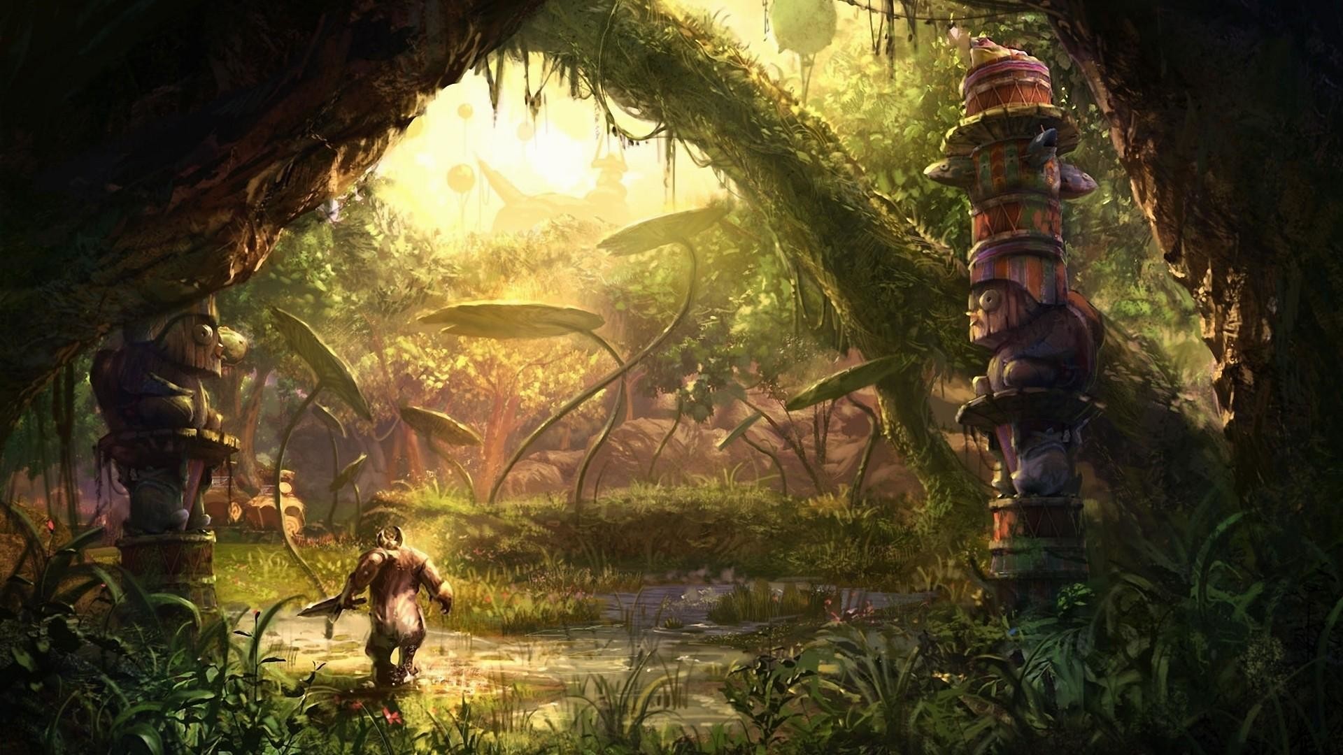 Giungla, Totem, Arte fantasy, Guerriero, Full HD, sfondo desktop